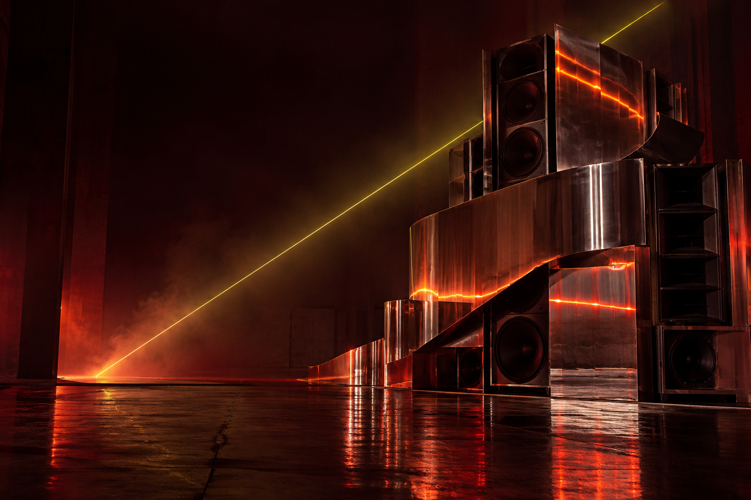 Chrome sound sculpture under an acid-yellow beam in a burgundy hall