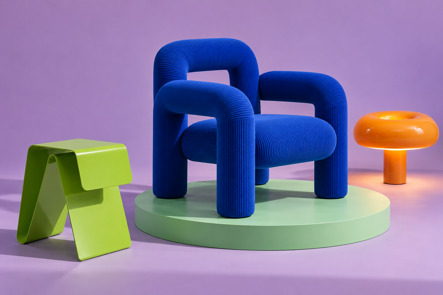 Cobalt rounded chair, lime folded stool and orange sculptural lamp on lilac and mint