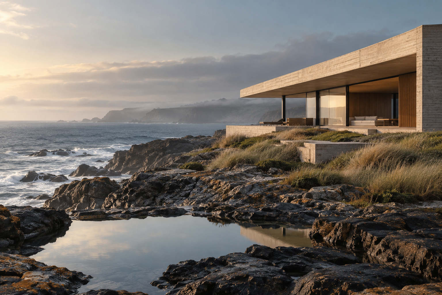 Quiet concrete retreat above an Atlantic tidal pool at dawn